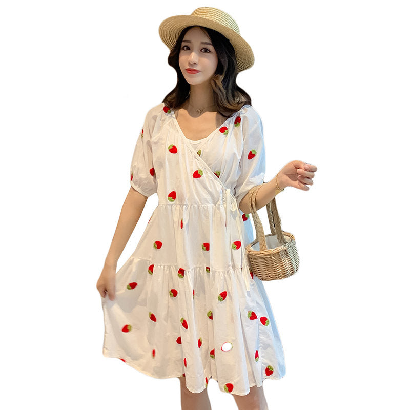 Strawberry Puffy Maternity Dress With Embroidery