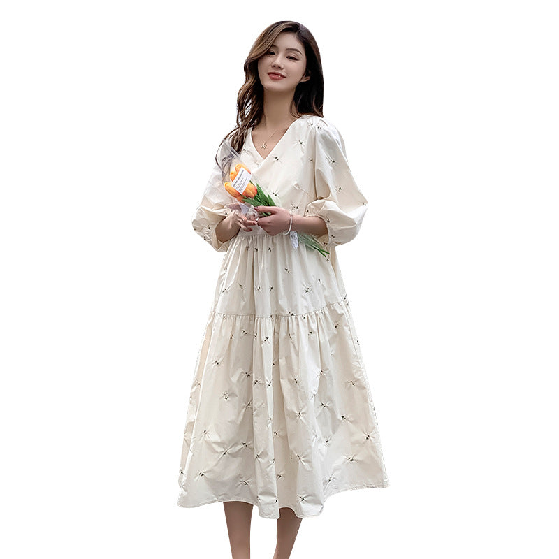 Embroidered Mid-Length High Waist Maternity Dress