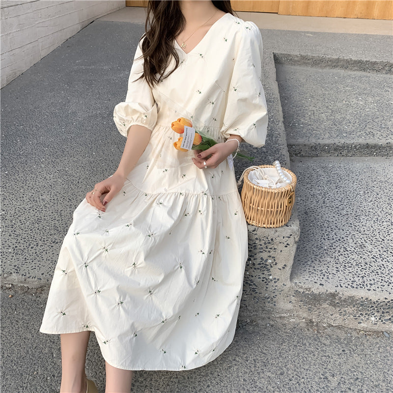 Embroidered Mid-Length High Waist Maternity Dress