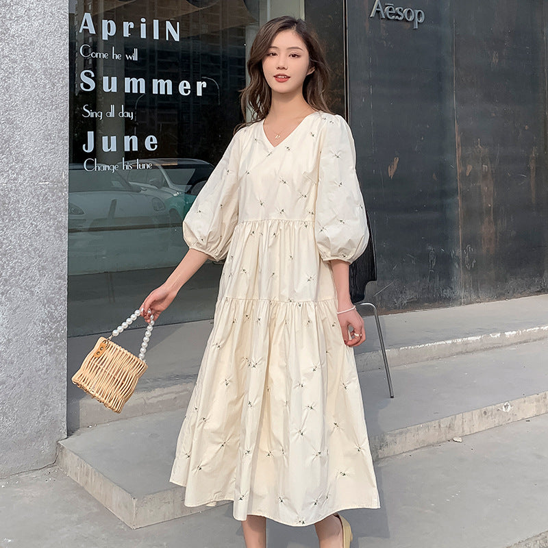 Embroidered Mid-Length High Waist Maternity Dress