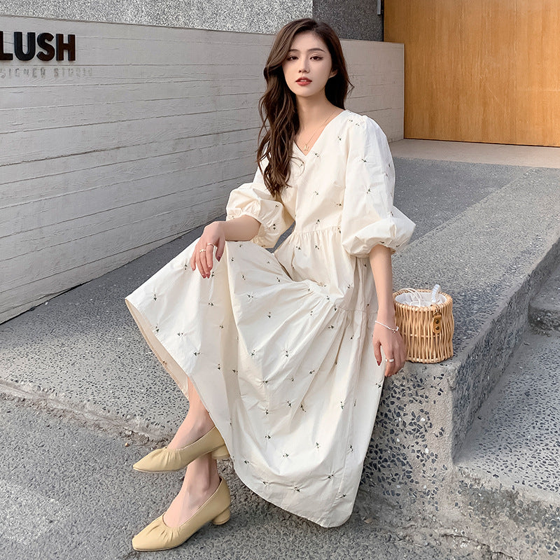 Embroidered Mid-Length High Waist Maternity Dress