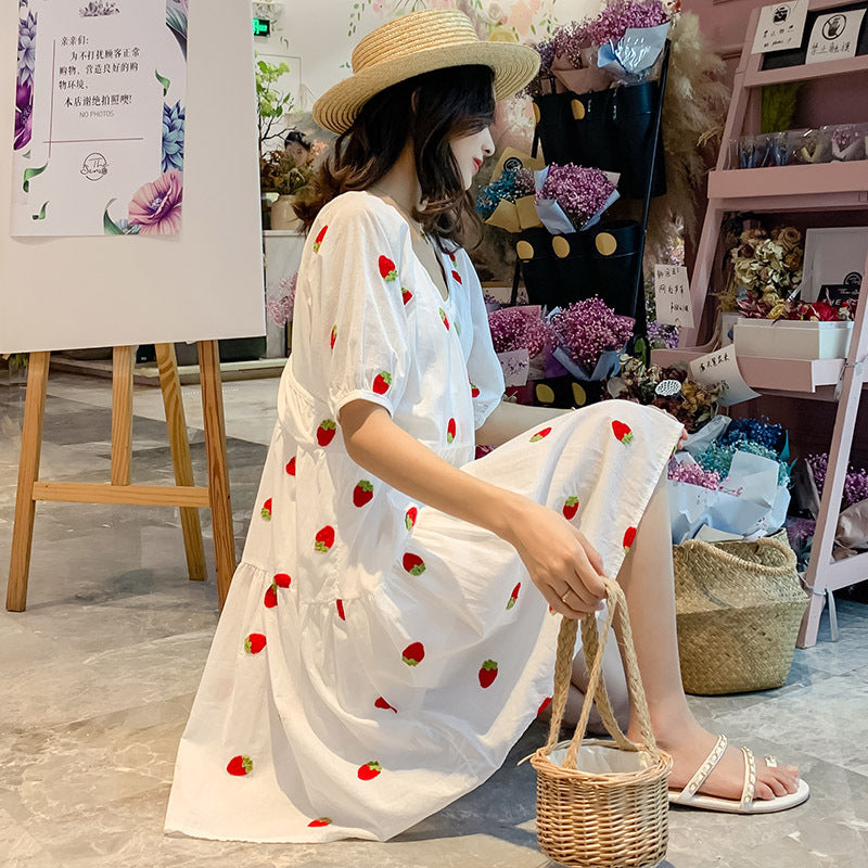 Strawberry Puffy Maternity Dress With Embroidery