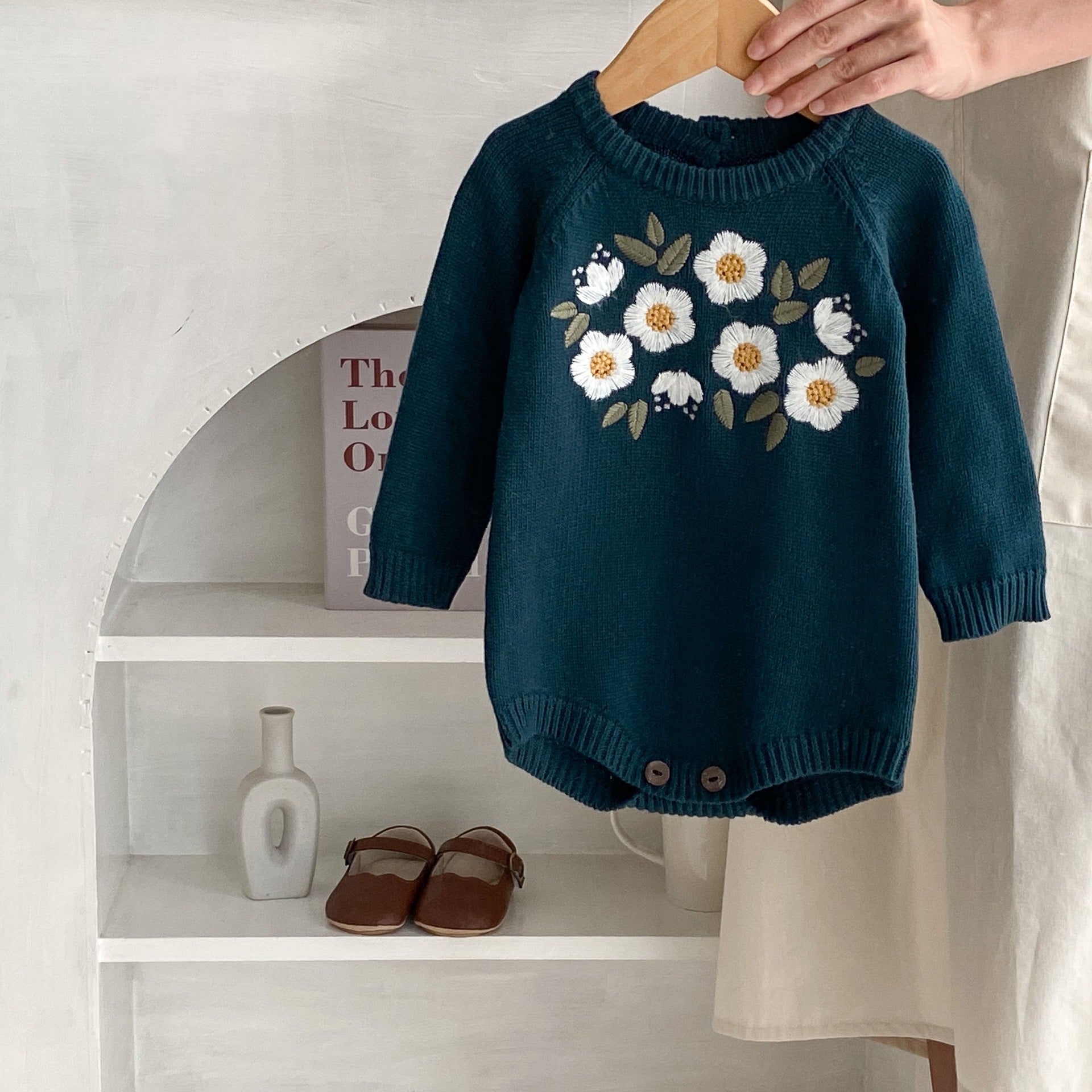 Baby Girl Dark Green Embroidered Romper