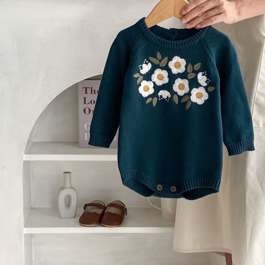 Baby Girl Dark Green Embroidered Romper