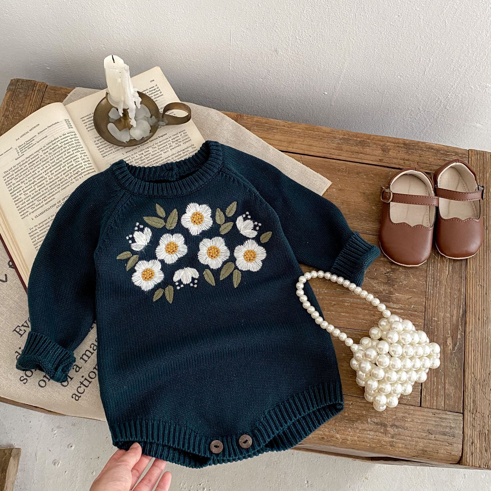 Baby Girl Dark Green Embroidered Romper