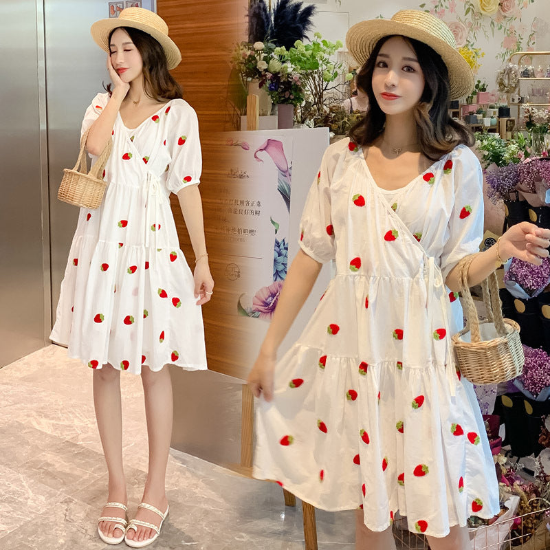 Strawberry Puffy Maternity Dress With Embroidery