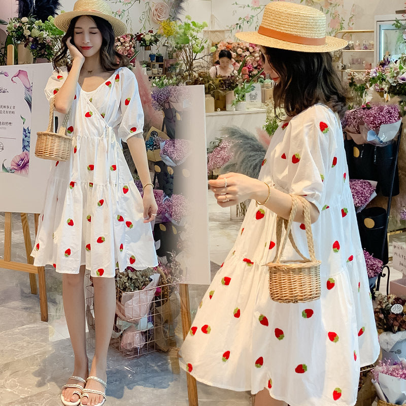Strawberry Puffy Maternity Dress With Embroidery