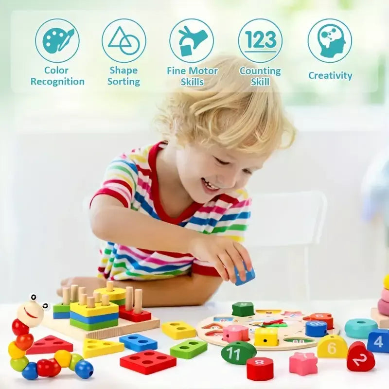 9 In 1 Wooden Toys Rattle Bell Drum Column Set Musical Instruments Sensory Music