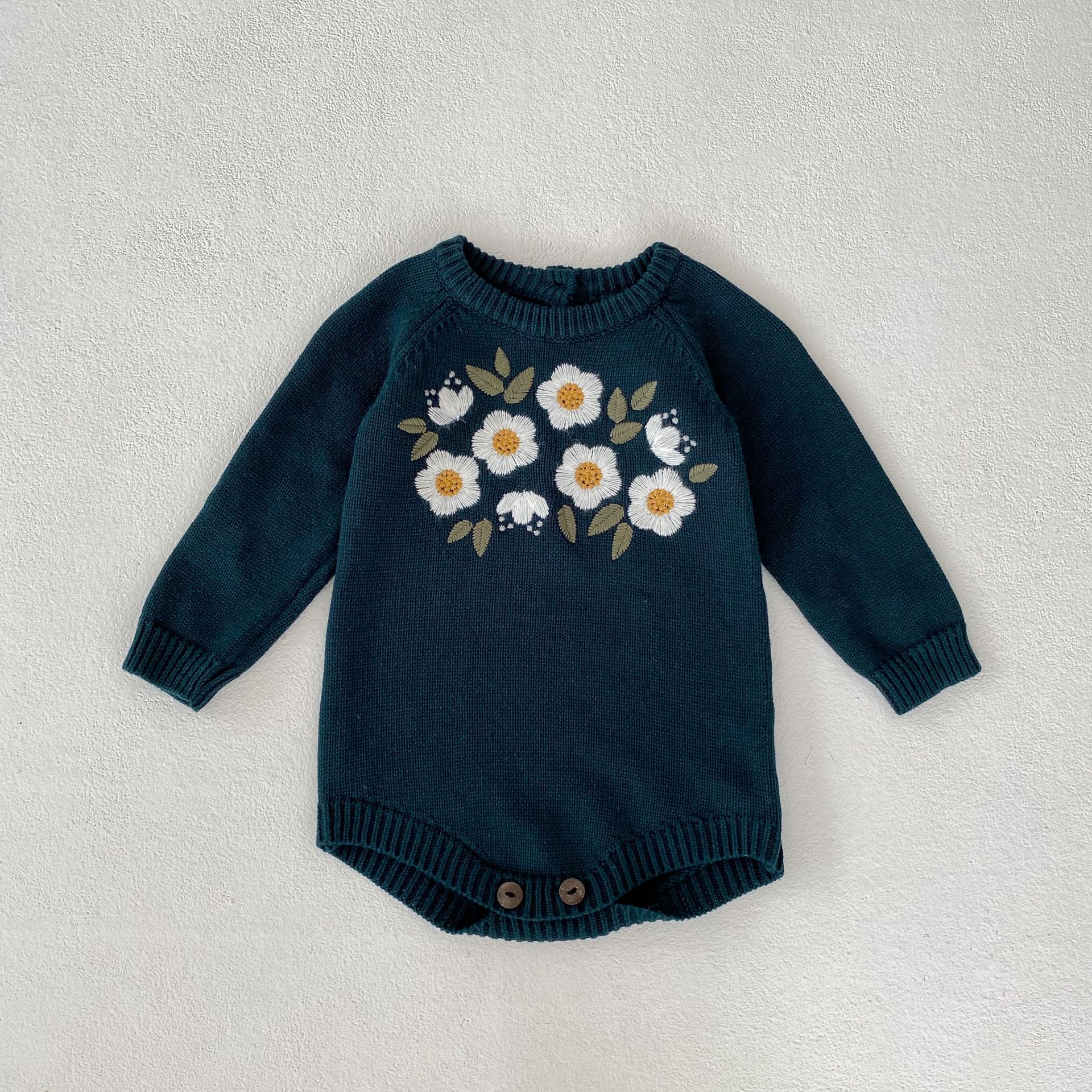 Baby Girl Dark Green Embroidered Romper
