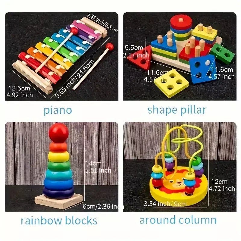 9 In 1 Wooden Toys Rattle Bell Drum Column Set Musical Instruments Sensory Music